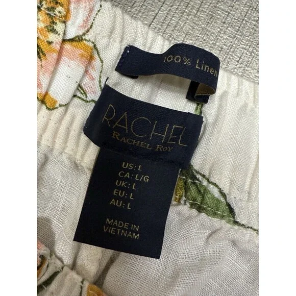 Rachel Roy Linen Pants Womens L Ivory Floral Wide Leg Elastic‎ Waist - Picture 2 of 6